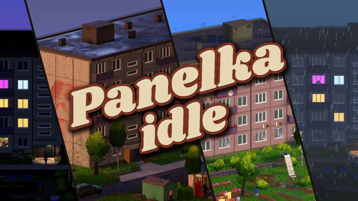 Panelka Idle key art showing the apartment building during different weather and times of day.
