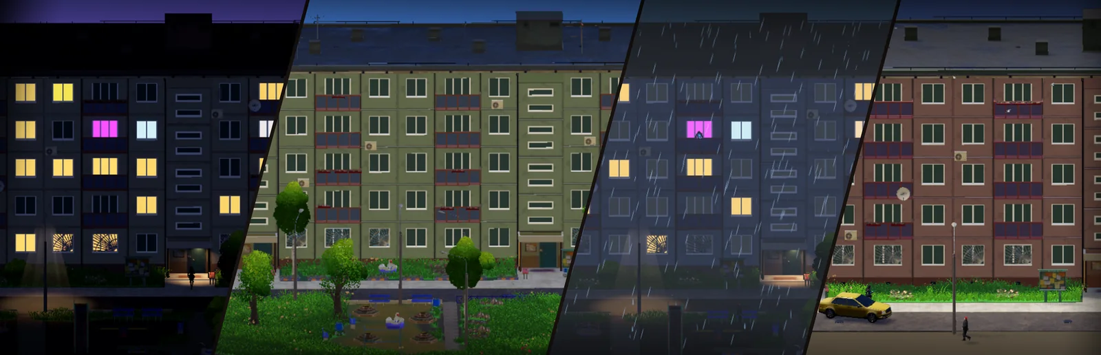 Wide Panelka Idle artwork showing four views of the apartment building without a logo.