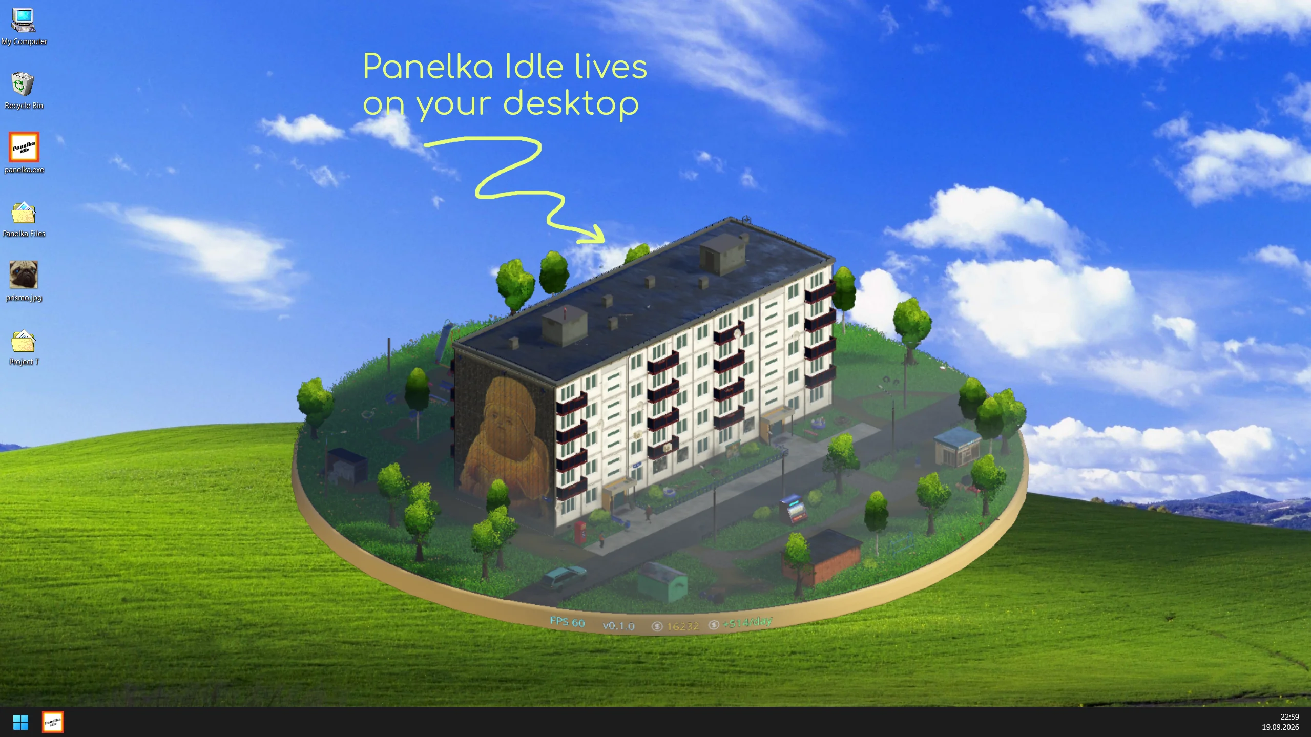Panelka Idle displayed as a compact apartment building companion on a Windows desktop.