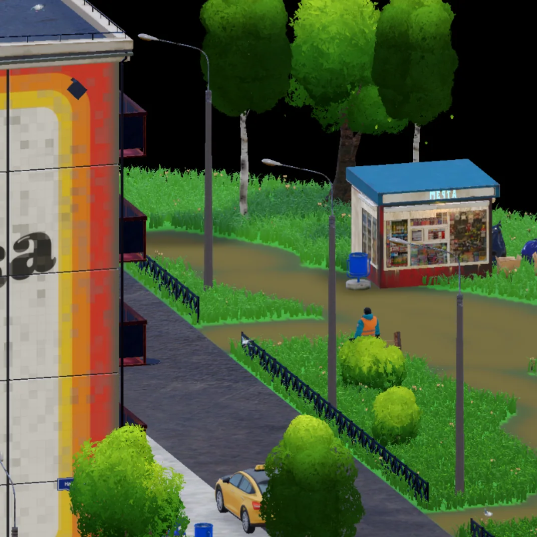 A neighborhood kiosk, resident, trees, and a custom mural beside the apartment building.