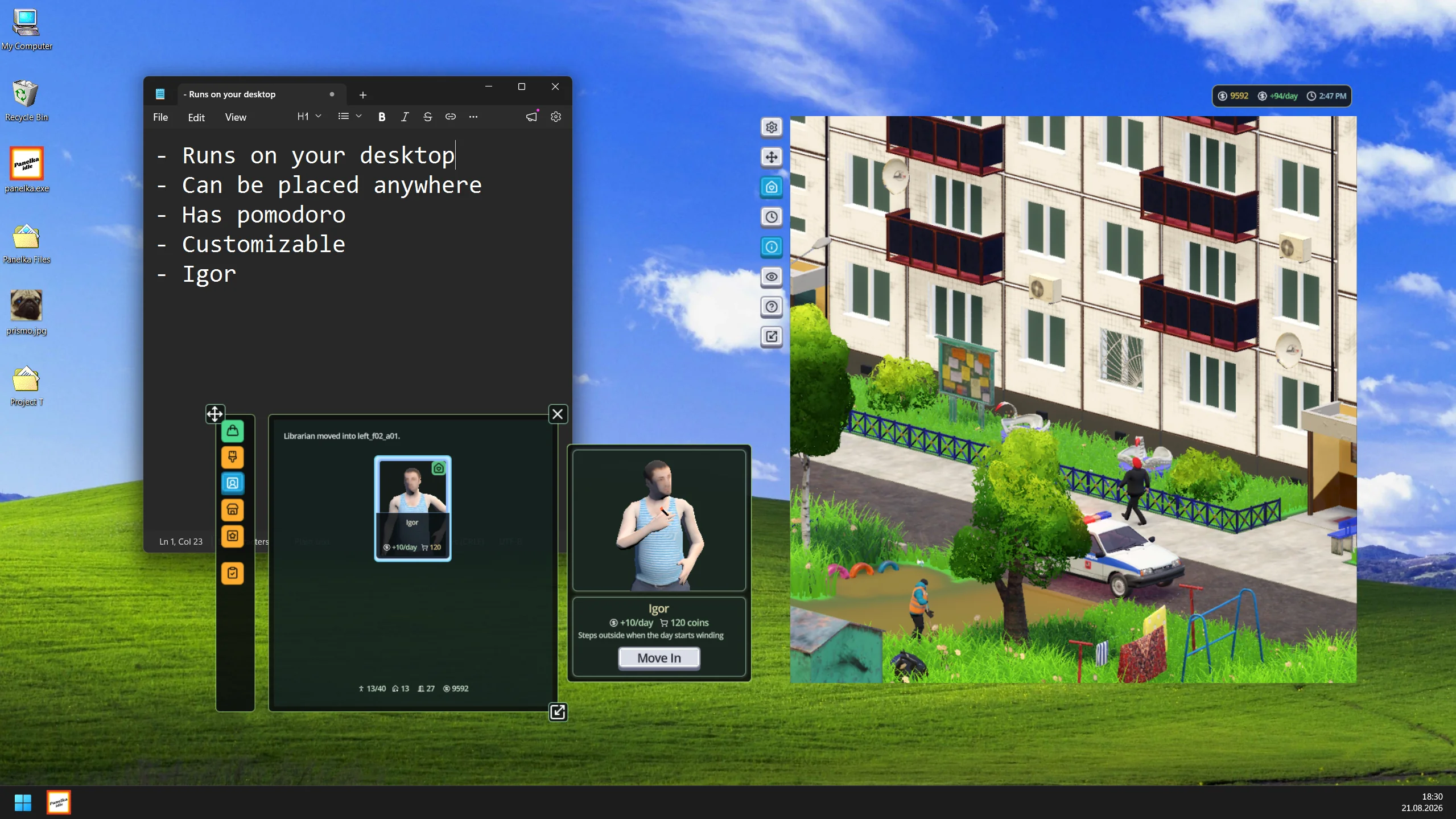 The resident selection panel showing Igor moving into a customized apartment courtyard.