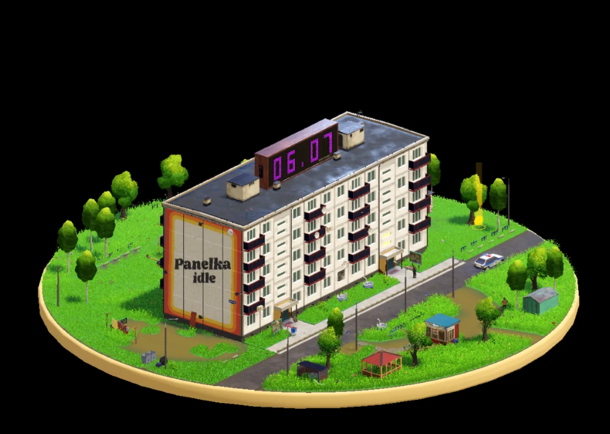 A complete daytime view of the apartment building and its surrounding yard.