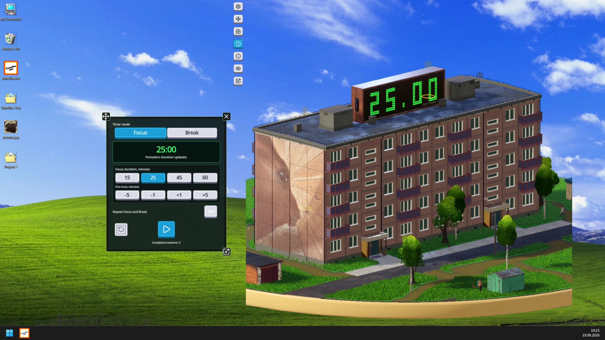 Panelka Idle on a Windows desktop with its Pomodoro controls open and an Elektronika 7-inspired clock on the roof.
