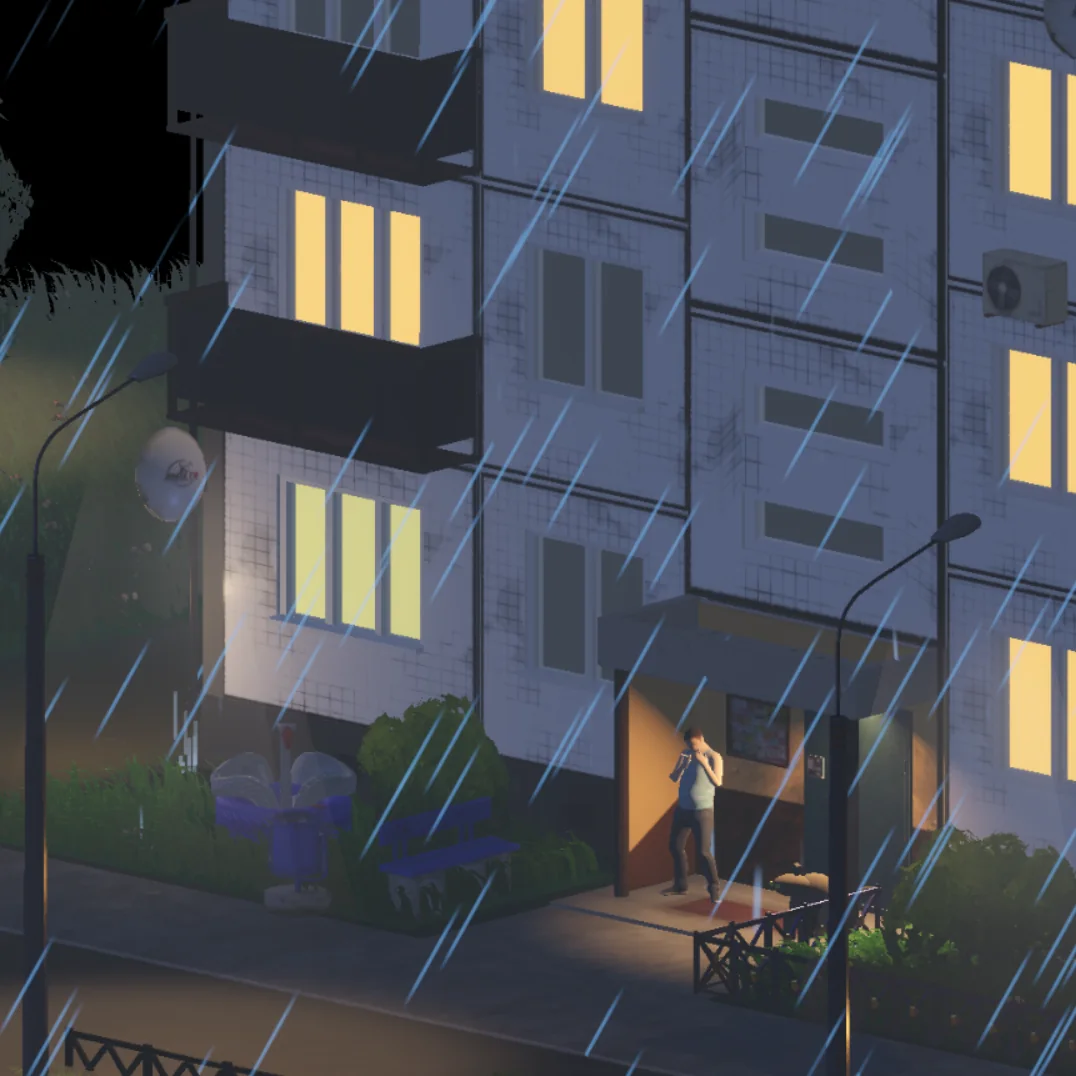 A resident leaving the apartment building during heavy rain at night.