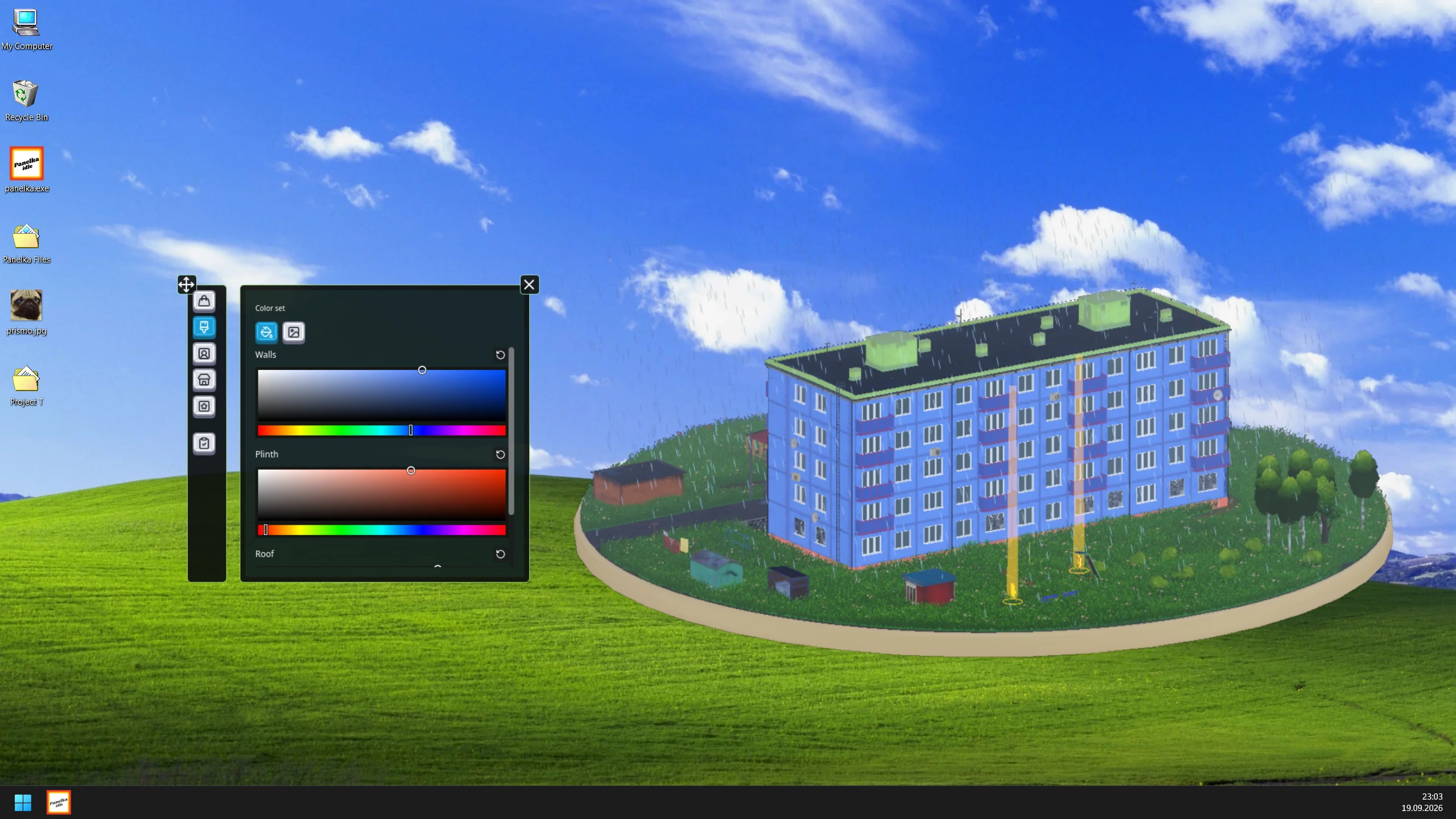 The building color customization panel open beside a blue apartment block during heavy rain.